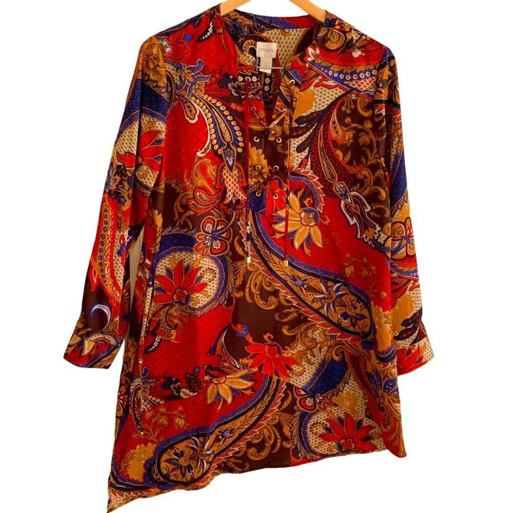 Chico's Women's Top Sz S Paisley Peasant  Lace Up Asymmetrical  Orange Brown